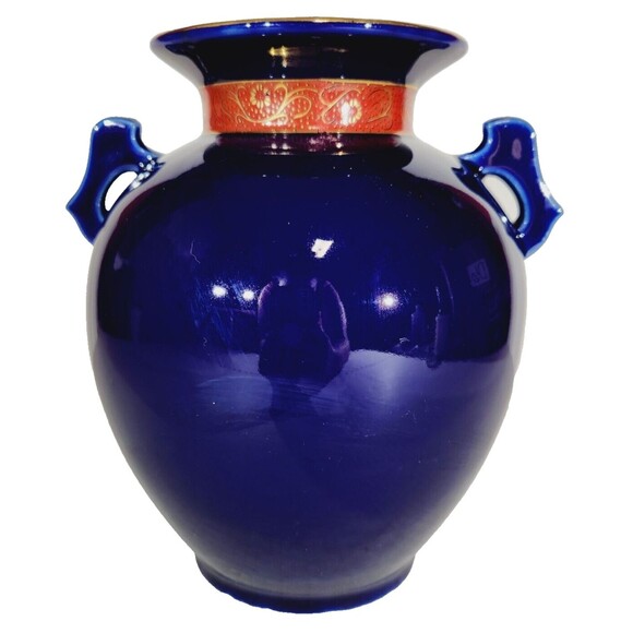 Vase Japanese Cobalt Blue 8.5" Handles Vintage Vtg Porcelain Peacock Bird Nature - Picture 5 of 14